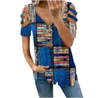Loyisvidion Womans Majice Cleariance Modne žene izdužene tiskane vrhove V-izrez majica kratkih rukava casual bluza plava 4