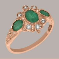 Britanci napravio je 10k Rose Gold Real Prirodni smaragdni i dijamantni ženski prsten izjave - Veličine