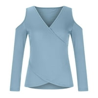 Cleance Womens dugih rukava od hladnog ramena V izrez Osnovni tee vrhovi košulje pune boje tanka asimetrična tunika bluza