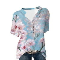 Zhizaihu ženski casual cool majica s kratkim rukavima modni cvjetni print v bluza bluza sa džepom nebo