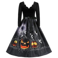 Cuhas Goth Halloween Crne haljine za žene Gothic Goth tiskani V-izrez-paup dugih rukava Ležerne prilike