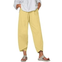 Žene visoki elastični struk kapri ruched tanke hlače Ljeto moda Capri duge hlače od pune boje hlače za dame casual labavo spuštaju pamuk posteljina s žutim s