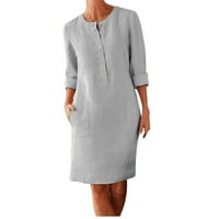 Ženska ljetna rukav pamučna posteljina haljina Ležerne prilike labava haljina s džepovima Sivi XXL,