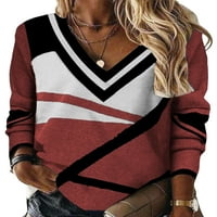 Groanlook Ženska majica s dugim rukavima V izrez Majica Dame Ležerne prilike Mekano geometrijska print Tunika Tunika Crvena 3xL
