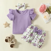 Todler novorođenčad Dječja djevojka Ljeto odijelo rufffle majica kratkih rukava Top + cvjetna kratke hlače + poklopac za glavu, poklopac za odjeću ljubičasta 18- mjeseci