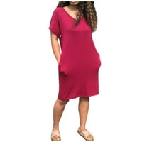 Yubnlvae Maxi haljina Ljetna t rukava Ležerna kratka haljina Ženska majica V-izrez Srednji duljinski džepovi Ženska haljina vruća ružičasta 3xl