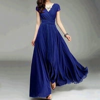 Haljine sayhi za žene casual s kratkim rukavima čvrsti tisak šifon elegantan v izrez labavo mini haljina plava s