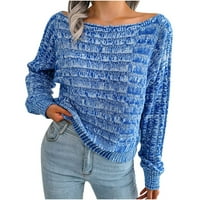 Wyongtao Ženski pulover Duks ležerne šarene dugih rukava s džemper za rame džemper za vrat, plavi s