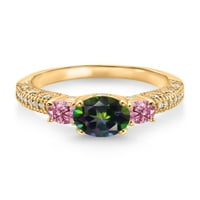 Gem Stone King 18K žuti pozlaćeni srebrni zeleni Mystic Topaz Pink laboratorija odrasli dijamantni i bijeli moissitni zaručni prsten za žene