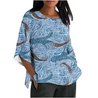 USMIXI ženski vrhovi Dressy casual plus veličina labava fit modne lagane pamučne posteljine pulover Thirts Ljetna traka za naljepnice za lakiranje vrpce prugasti ispis bluza plavi xxxxxl