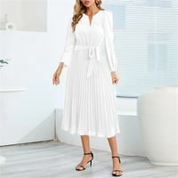 Haljine za žene s dugim rukavima A-line maxi čvrsto učvršćujuća ljetna haljina V-izrez bijela 2xl