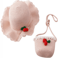 FCPHOME Ljetna moda slamska šešir Turizam Lotus list sunčani šešir s trešnjama za dvosmjerne djevojke za sunčanje i torbice set-Pinkone veličine