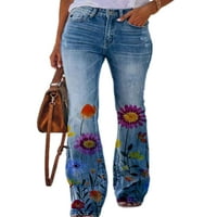 Grianlook Ženska dna rastezljiva Jeans Cvjetni print Retro duge hlače Ravne noge Dame Vintage gumbe