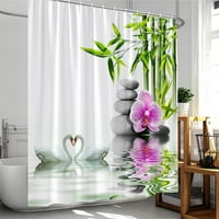 Pejzažne tuširane zavjese zeleni bambus siva kamen ljubičasta cvijet s labudnim spa - poliester kupaonica