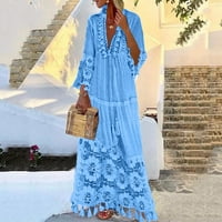 Žene Ljetne casual labave čvrste dresene haljine Boho V-izrez Maxi čipke Fringe haljine svijetlo plava