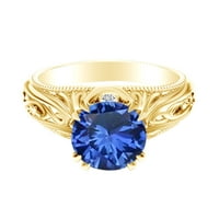 1. Carat okrugli oblik plavi safir i prirodni dijamantni vintage stil zaručni prsten 14K Čvrsto žuto zlato zvona veličine-6,5
