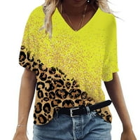 Amidoa Women Fashion V izrez Leopard Ispiši Ljeto Majice kratkih rukava Saloseće spajanje sjajnih ležerne
