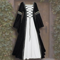 Anuirheih Vintage Gothic Haljina za žene s dugim rukavima kvadratni vrat labavi-fit patchwork cosplay