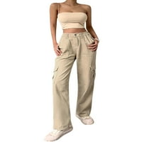 Eyicmarn ženske teretne hlače, visoki struk ravno kopče od pune boje traperice s džepovima, Khaki Brown