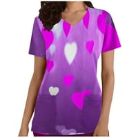 Cethrio Workout majice za žene - modni kratki rukav V-izrez Radni unifor za žene sretan tisak za Valentinovo sa džepom bluza vrhova ljubičasta