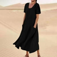 Žene ljetne haljine Žene Ležerne prilike sa čvrstim haljinama okrugli vrat kratki rukav SPLICE labava haljina sa džepom za žene crna l