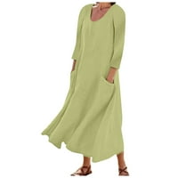 Shusuen ženska modna casual pune rukave pamučna posteljina haljina maxi haljina za žene