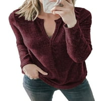 Yskkt ženski prorezni dekolte džemperi Čvrsta boja dugih rukava labav pulover pleteni skakač