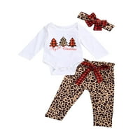 Toddler odijelo Bijeli O-izrez Dugi rukavi Rompers Top + Crvena rešetka Leopard Ispis kauzalne hlače + trake za glavu