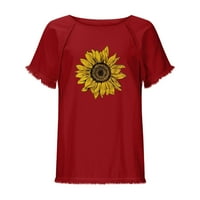 Ženski suncokret za suncokret okrugli vrat kratki rukav pamučna posteljina majica, vino, XL, 85% pamuk,