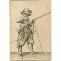 Jacob de Gheyn II Crni moderni uokvireni muzej umjetnički print pod nazivom - vojnik na straži koji