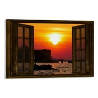 Platno Zidna umjetnost sa uokvirenim, zalazom sunca na pristaništu izvan prozora umotana galerija umjetnička