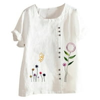 Košulje za žensku ženu Print majica Kratki rukav okrugli vrat Pamuk posteljina TOP bluza bijela xl