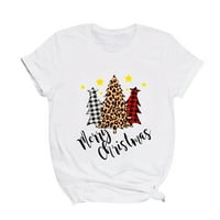 Merry Božićna stabla Majica Žene smiješno Leopard Plaid Print Casual okrugli vrat kratkih rukava za