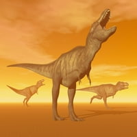 Tri Tyrannosaurus Re-dinosaurusi u narančastoj maglovitoj pustinji zalaskom za zalazak sunca