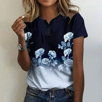 Ženske majice cvjetni print kratkih rukava meko pamuk casual comfy bluze gumb gore Henley Tunic vrhovi V-izrez Tees nebesko plavo l