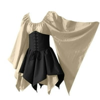 Ležerne haljine za žene Kostimi Gothic Retro dugih rukava korzet Dress Dugi rukav okrugli vrat, haljina visoke koljena, bež m