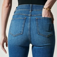 Tking modni ženski dugi čvrsti bootcut traperice casual kosoki džepovi sa visokim strukom Blue 3xl