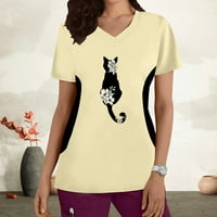 Yyeselk Lovely CAT Print Radne uniforme za žene s uzorkom V-izrez kratkih rukava T-majiceKazualne kontrastne