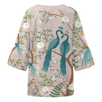 Huachen ženski ljetni pamučni posteljina majica tiskanje labavo fit bluza sedam četvrtina rukava vintage