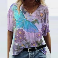 Trendy cvjetna majica Ženski ljetni kratki rukav Tunic Tops V izrez Grafički teški majica Casual Comfy Bluzes Vrhovi