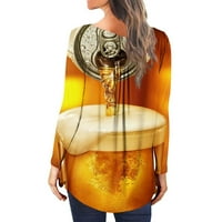 Trendy Holiday Tunnic za žene Smiješne 3D pivske tiskane gumb s dugim rukavima okrugli vrat natled majica na ploči s labavim floto comfy pulover bluza narandžasti xxl