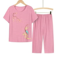 XYSAQA ženski vrhovi kratkih rukava i hlače Capris Slatko print pidžama setovi salon za spavanje lagane udobne pamučne posteljine za žene XL-4xL Plus veličine