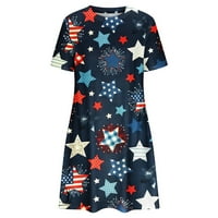 Dyegold sandresses za ženska Ležerna plaža - Midi haljine za žene Patriotsko kratki rukav Američka zastava