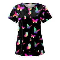 Leylayray bluza za žene Ženska modna leptir Print V-izrez kratkih rukava s kratkim rukavima s džepovima
