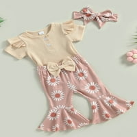 Suantret Newborn Baby Girls Sets Sets Solid Color Knit Rebra Romper Daisy Ispis Flare hlače Trake za
