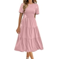 Ženska ljetna casual lepršava kratki rukav V izrezani elastični struk Tired midi haljina ružičasta xxxl