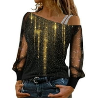 Ženske majice Casual Sequin Print Mesh dugih rukava hladna ramena labava bluza za bluzu modne elegantne