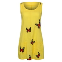 Ženska kopče bez rukava leptir Print pamuk i posteljina haljina, žuta, m