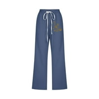 Tuphregyow Women High Waiste vuče široke noge Hlače cvjetne print udobne casual pantalone s džepovima Elastične hlače ravne tamno plave s