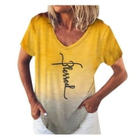 Ženske košulje modne žene slovo Križni ispis kratki rukav V-izrez labav pulover majica žuti xl